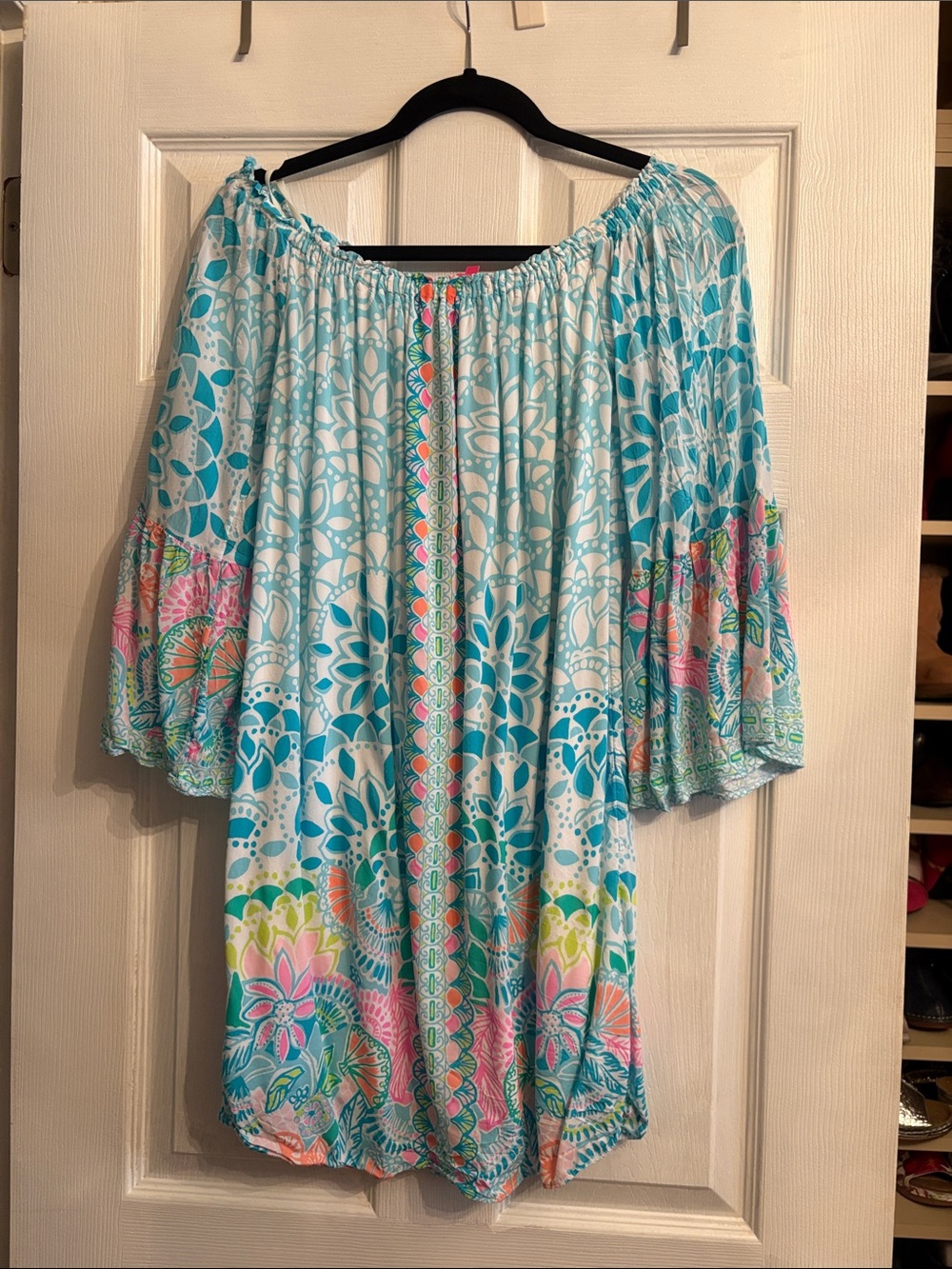 Lilly Pulitzer Teal & Pink Floral Off-Shoulder Peasant Top